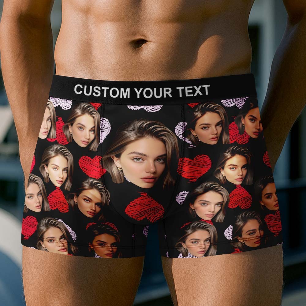 Custom Face Underwear Men's Boxer Briefs Personalized Photo Boxers Breathable Ice Silk Red and Pink Heart - MyfaceboxerUK