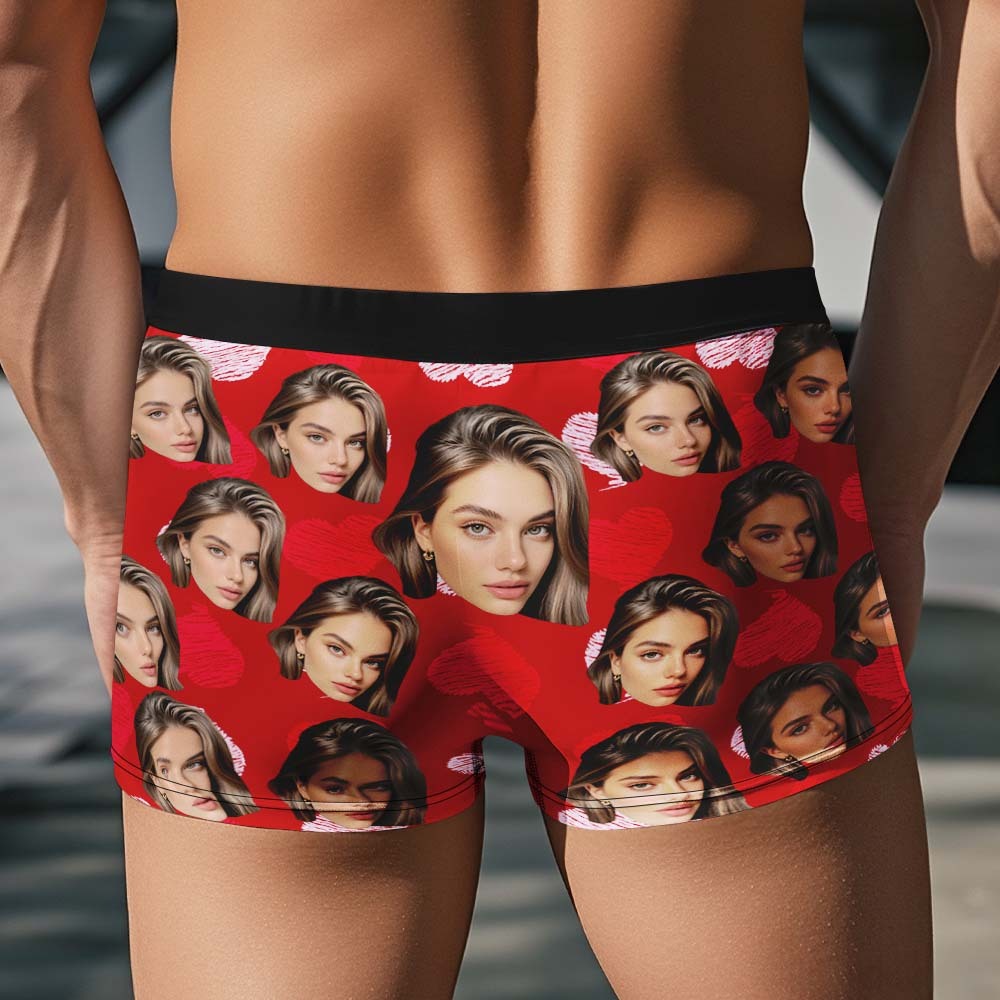 Custom Face Underwear Men's Boxer Briefs Personalized Photo Boxers Breathable Ice Silk Red and Pink Heart - MyfaceboxerUK