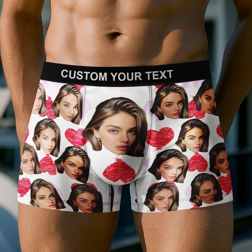 Custom Face Underwear Men's Boxer Briefs Personalized Photo Boxers Breathable Ice Silk Red and Pink Heart - MyfaceboxerUK