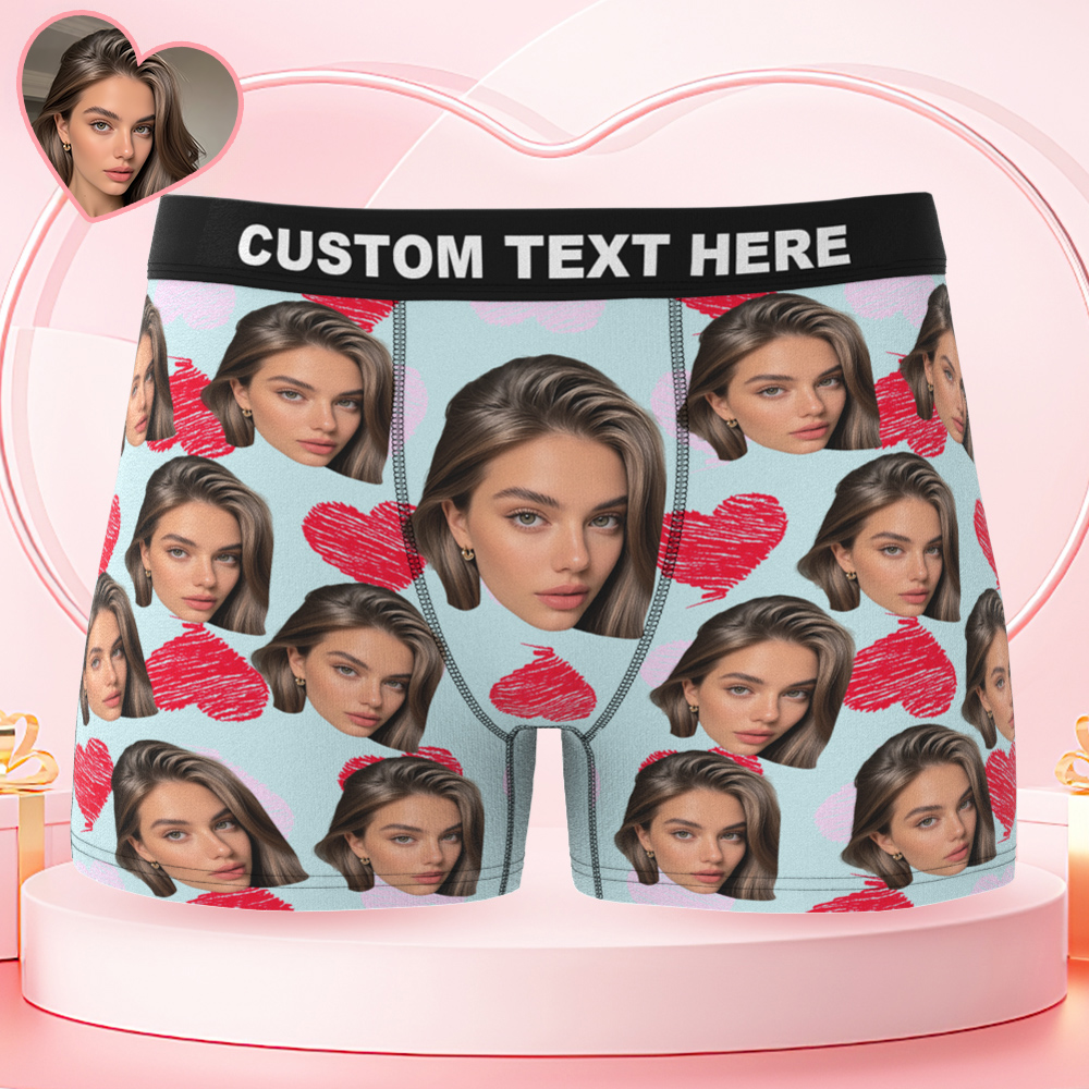 Valentine's Day Gifts Custom Big Face Boxer Shorts Colorful Waistband Light Blue Boxer Briefs Red and Pink Hearts Gifts For Him - MyFaceBoxer