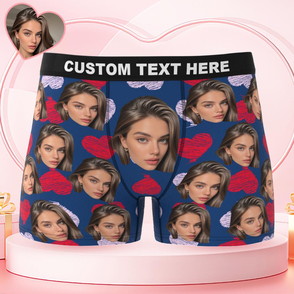 Valentine's Day Gifts Custom Big Face Boxer Shorts Colorful Waistband Smoky Blue Boxer Briefs Red and Pink Hearts Gifts For Him - MyFaceBoxer