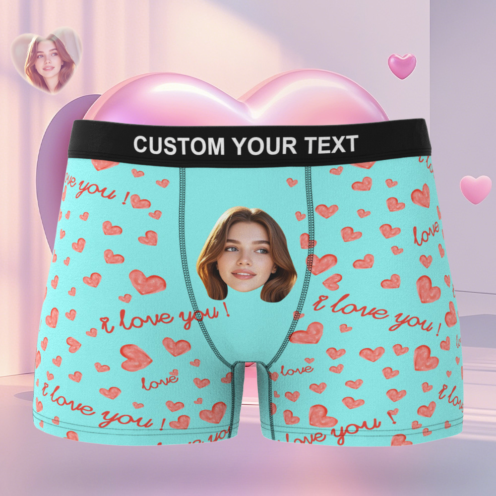 Custom Face Men's Boxer Teal Underwear Gifts for Husband I Love You Heart Men Face Boxer - MyfaceboxerUK