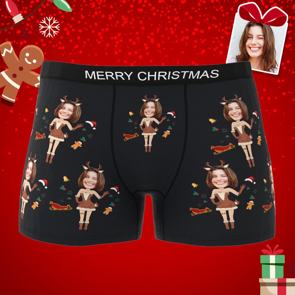 Custom Photo Boxer Christmas Elk Face Underwear Men's Underwear Couple Gifts Christmas Gift AR View	 - MyFaceBoxerUK