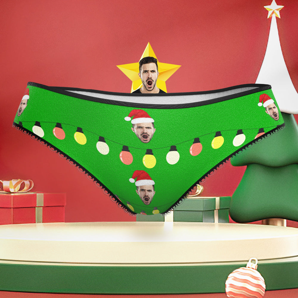 Custom Face with Santa Hat Christmas Lights Underwear Funny Christmas Panties for Her	 - MyFaceBoxerUK