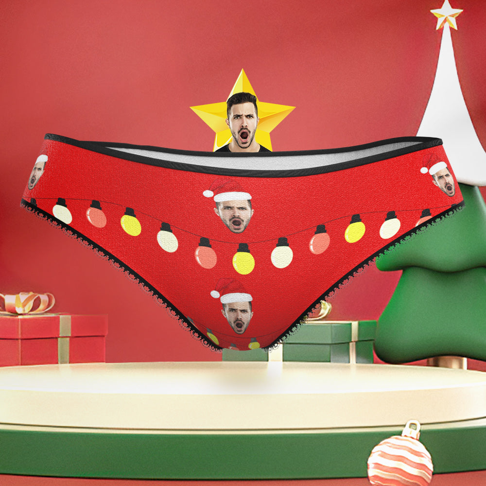 Custom Face with Santa Hat Christmas Lights Underwear Funny Christmas Panties for Her	 - MyFaceBoxerUK