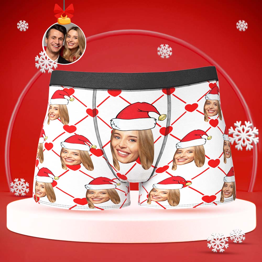 Custom Face Boxer with Girlfriend Picture Personalised Christmas Hat Pattern Men's Shorts	 - MyFaceBoxerUK