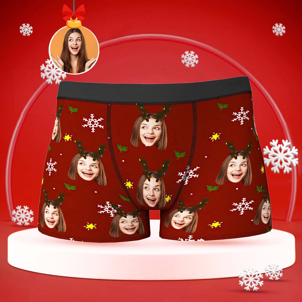 Custom Face Boxers Briefs Personalised Men's Shorts With Photo Snowflake And Antler Christmas Gifts	 - MyFaceBoxerUK
