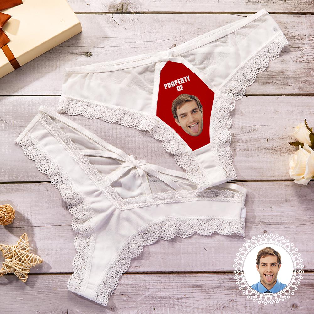 Custom Lace Thong Sexy White Lace Panties Funny Gift with Boyfriend Face - Property of