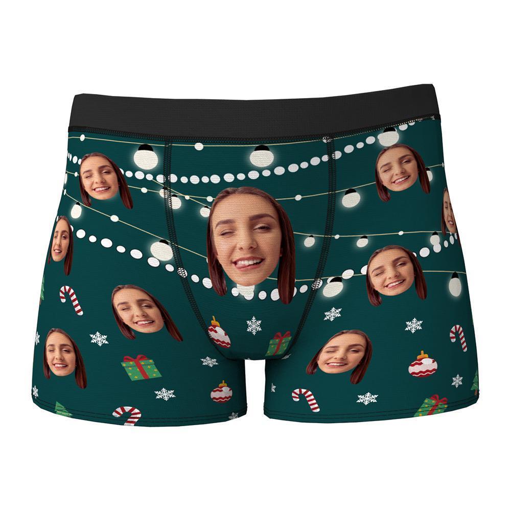 Custom Face Boxers Shorts Christmas Lights Personalised Photo Underwear Christmas Gift for Men - MyFaceBoxerUK