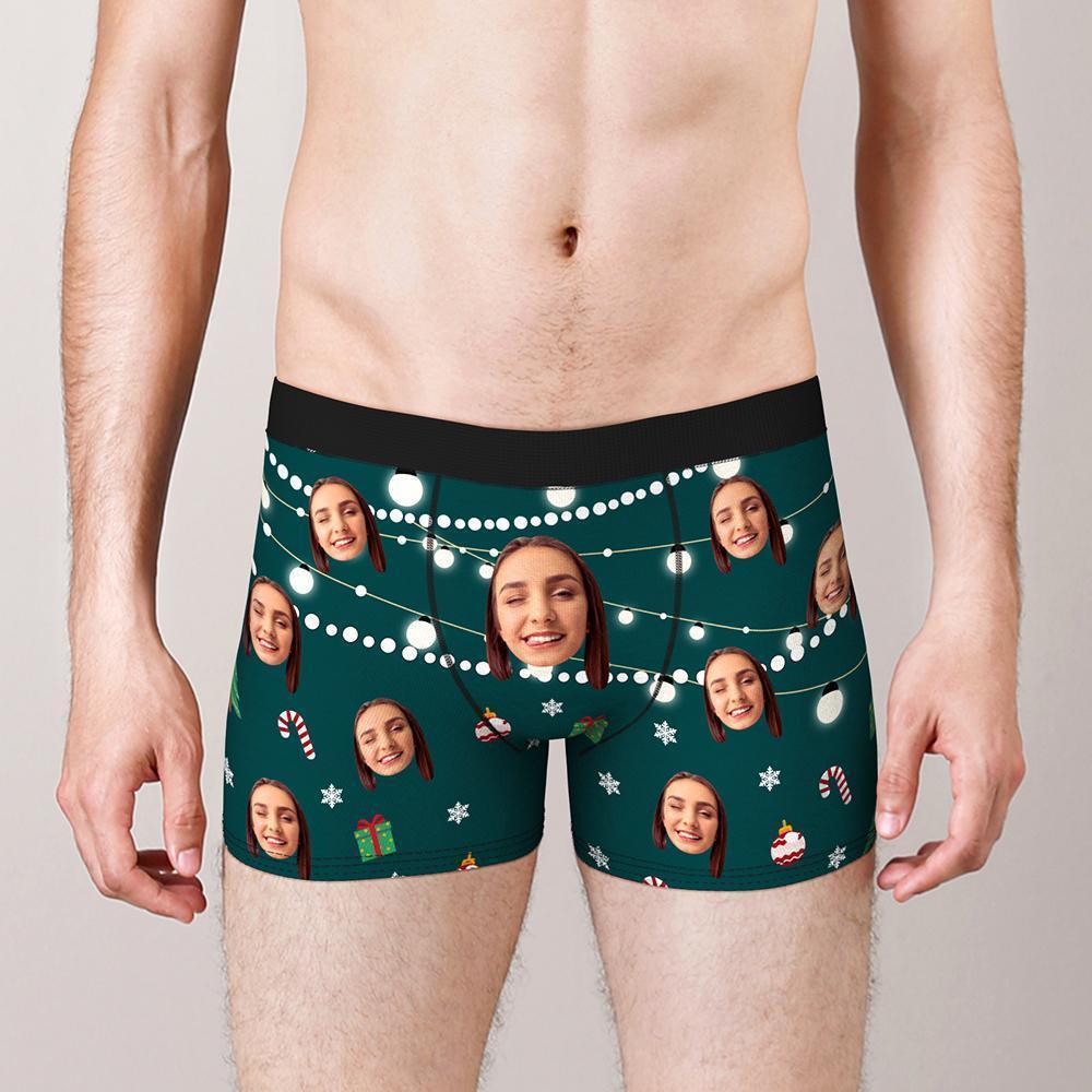 Custom Face Boxers Shorts Christmas Lights Personalised Photo Underwear Christmas Gift for Men - MyFaceBoxerUK