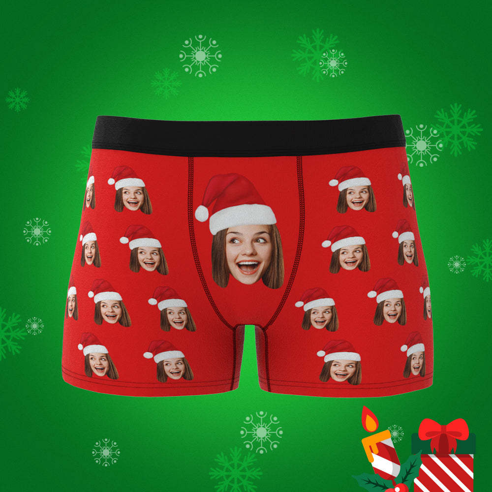 Custom Face Boxers Shorts with Christmas Hat Personalised Photo Underwear Christmas Gift for Men - MyFaceBoxerUK