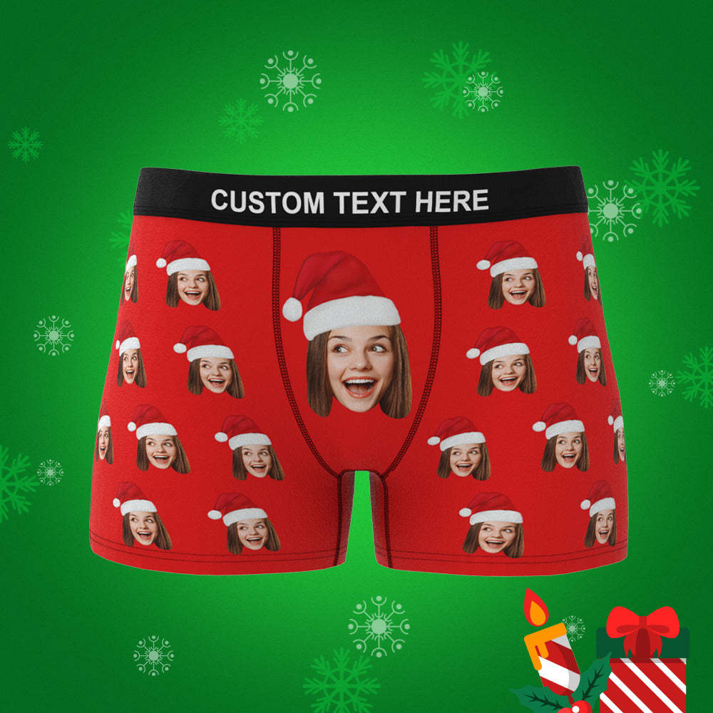 Custom Face Boxers Shorts with Christmas Hat Personalised Photo Underwear Christmas Gift for Men - MyFaceBoxerUK