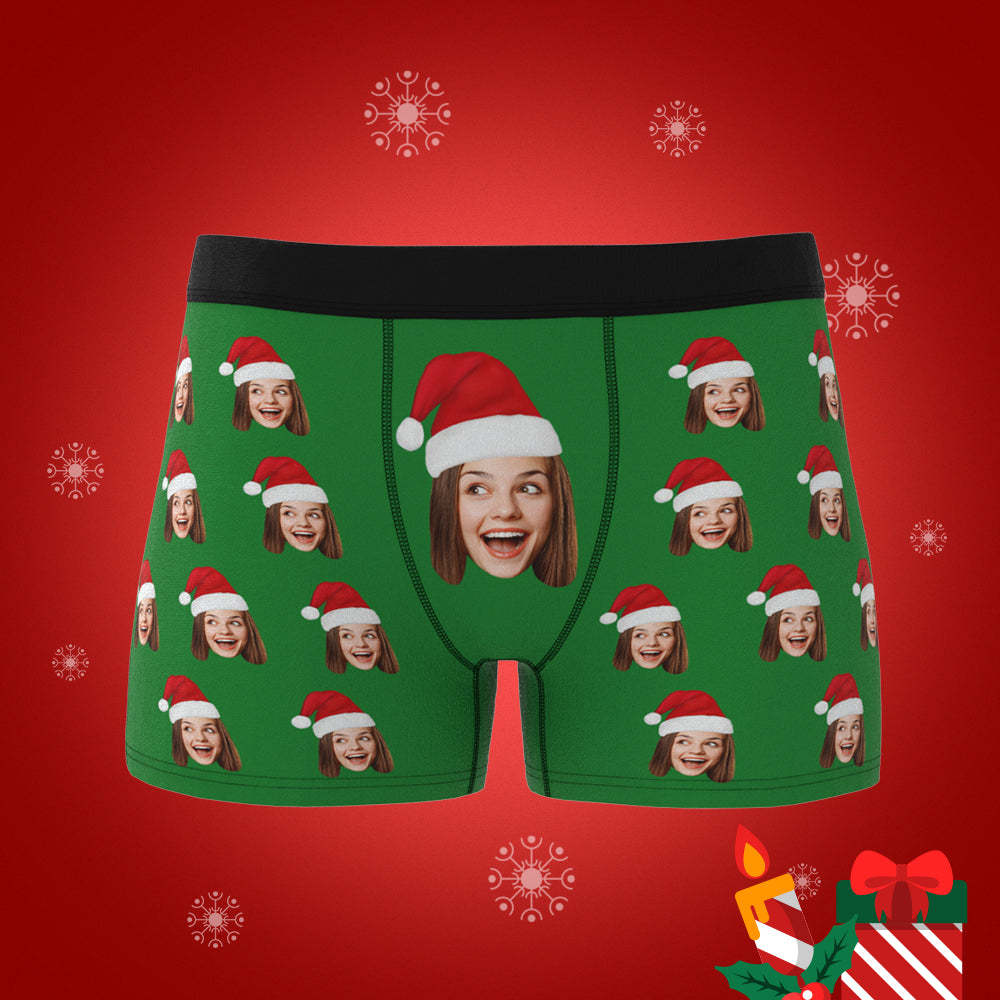 Custom Face Boxers Shorts with Christmas Hat Personalised Photo Underwear Christmas Gift for Men - MyFaceBoxerUK