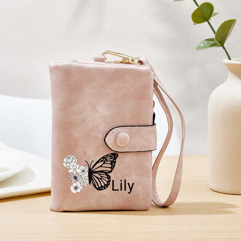 Custom Tri-Fold Butterfly Birth Flower Leather Wallet with Coin Holder Personalized Mother's Day Gift for Woman	 - MyFaceBoxerUK