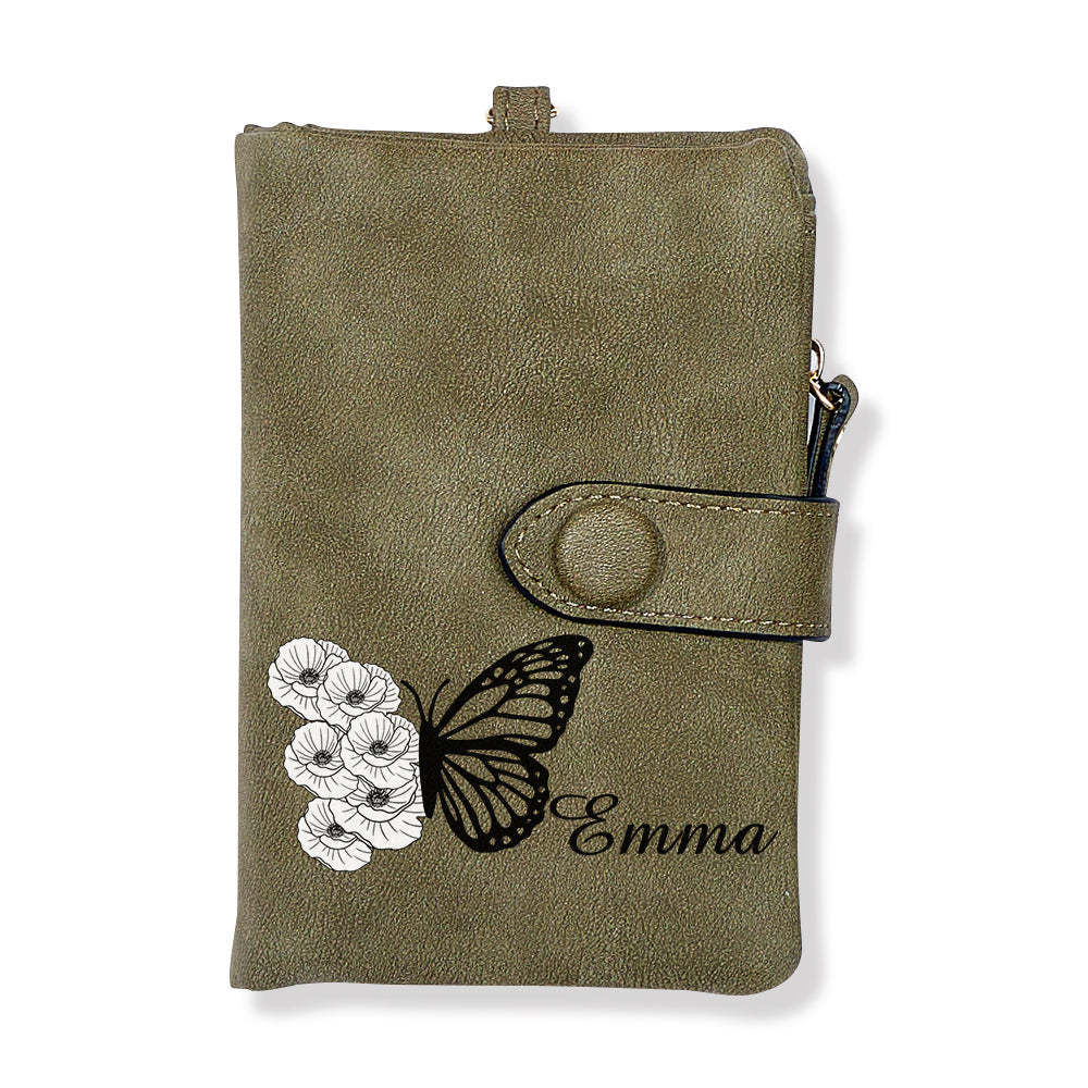 Custom Tri-Fold Butterfly Birth Flower Leather Wallet with Coin Holder Personalized Mother's Day Gift for Woman	 - MyFaceBoxerUK