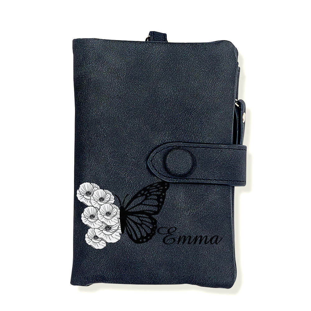Custom Tri-Fold Butterfly Birth Flower Leather Wallet with Coin Holder Personalized Mother's Day Gift for Woman	 - MyFaceBoxerUK