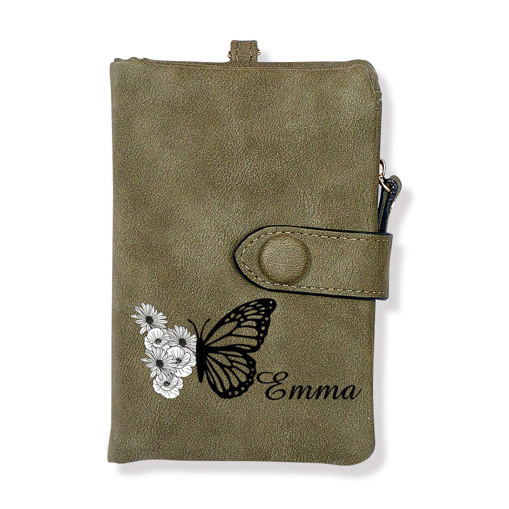Custom Tri-Fold Butterfly Birth Flower Leather Wallet with Coin Holder Personalized Mother's Day Gift for Woman	 - MyFaceBoxerUK