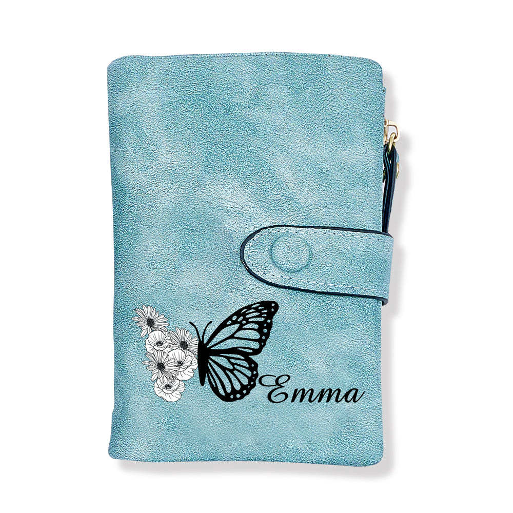 Custom Tri-Fold Butterfly Birth Flower Leather Wallet with Coin Holder Personalized Mother's Day Gift for Woman - MyFaceBoxerUK