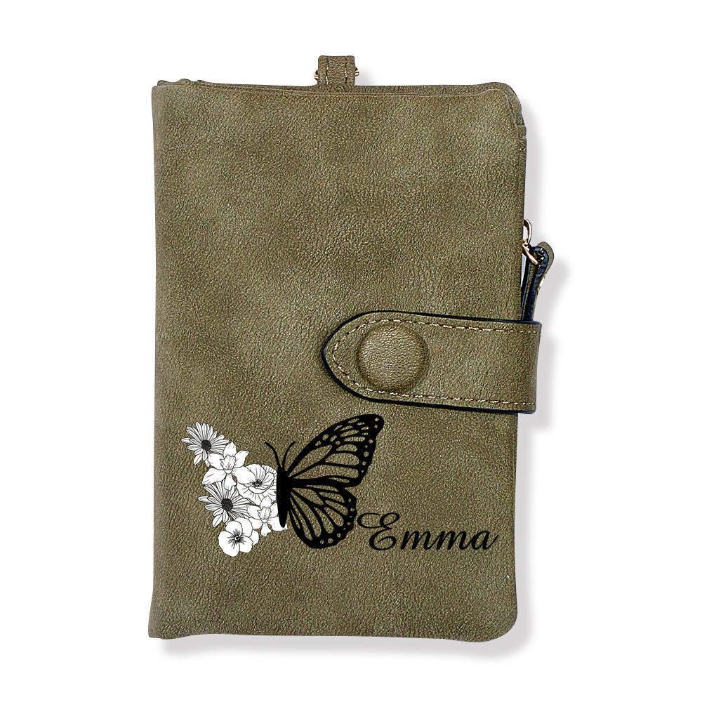 Custom Tri-Fold Butterfly Birth Flower Leather Wallet with Coin Holder Personalized Mother's Day Gift for Woman	 - MyFaceBoxerUK