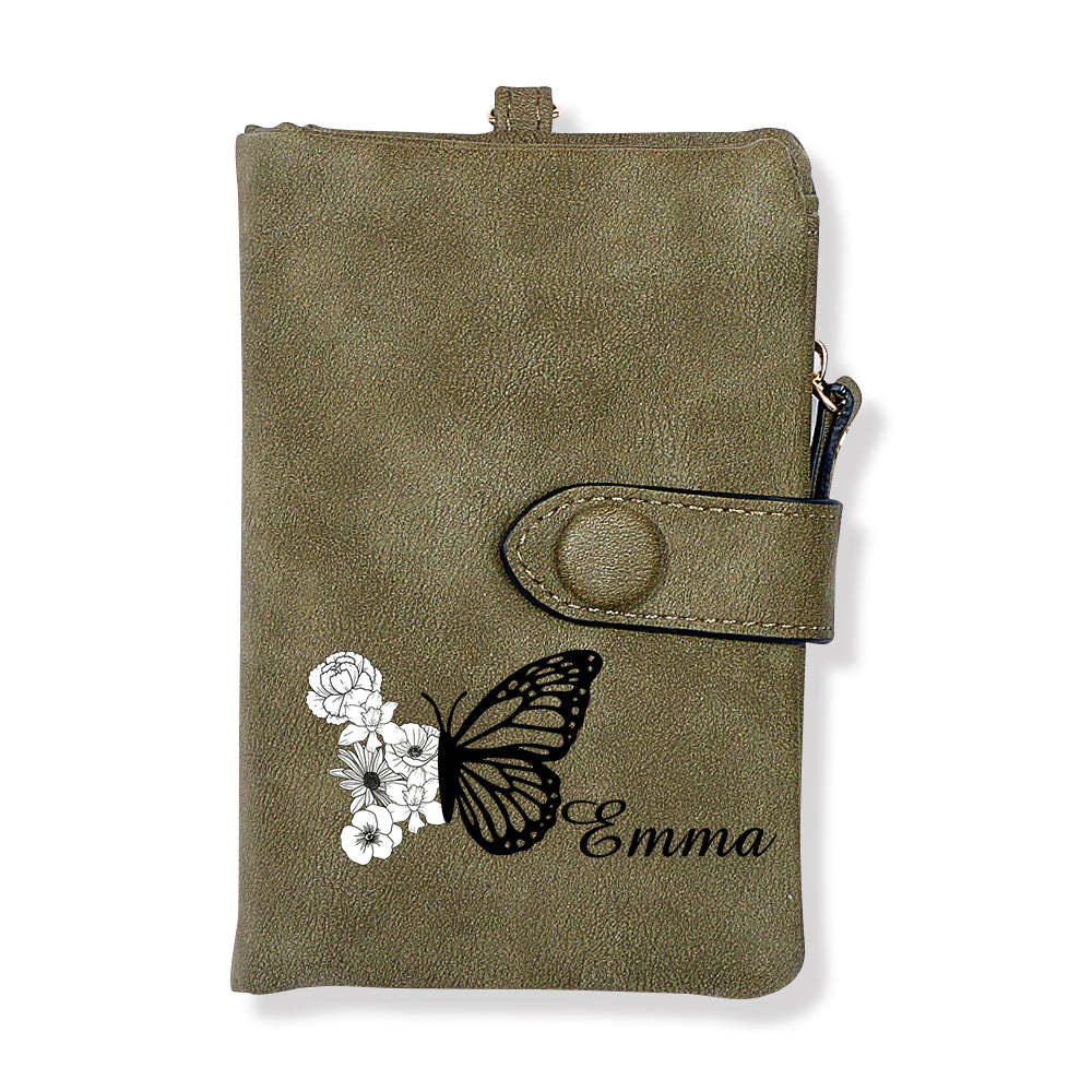 Custom Tri-Fold Butterfly Birth Flower Leather Wallet with Coin Holder Personalized Mother's Day Gift for Woman	 - MyFaceBoxerUK
