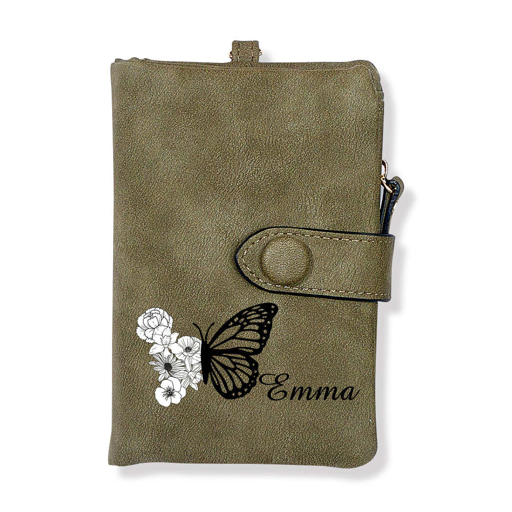 Custom Tri-Fold Butterfly Birth Flower Leather Wallet with Coin Holder Personalized Mother's Day Gift for Woman	 - MyFaceBoxerUK