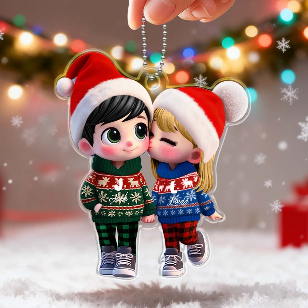 Custom Acrylic Christmas Ornament Cute Couple Kissing Moment Personalized Name Gift for Him & Her
