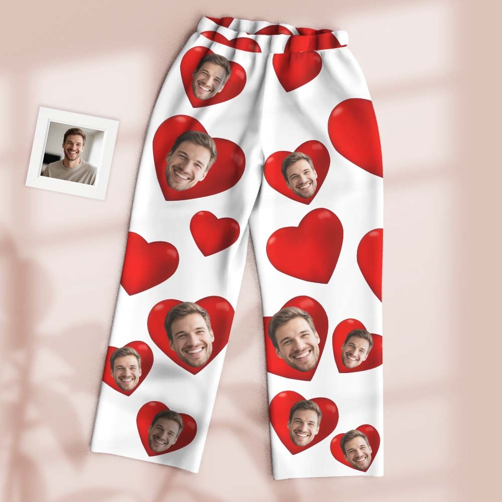 Custom Pajamas Pants Dark Tone with Embedded Photo Hearts Adjustable Waistband Multiple Color Options Valentine's Day Gift - MyfaceboxerUK