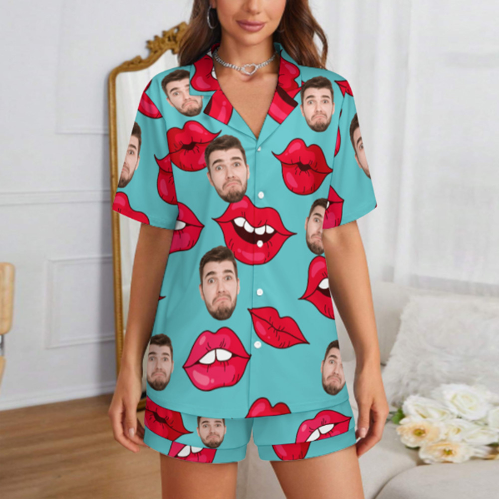 Custom Face Short Sleeve Pajamas Custom Red Lips Photo Pajamas Suit