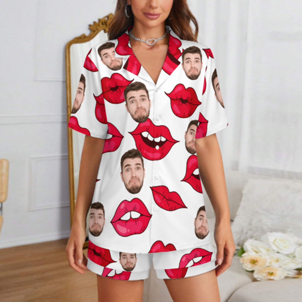 Custom Face Short Sleeve Pajamas Custom Red Lips Photo Pajamas Suit