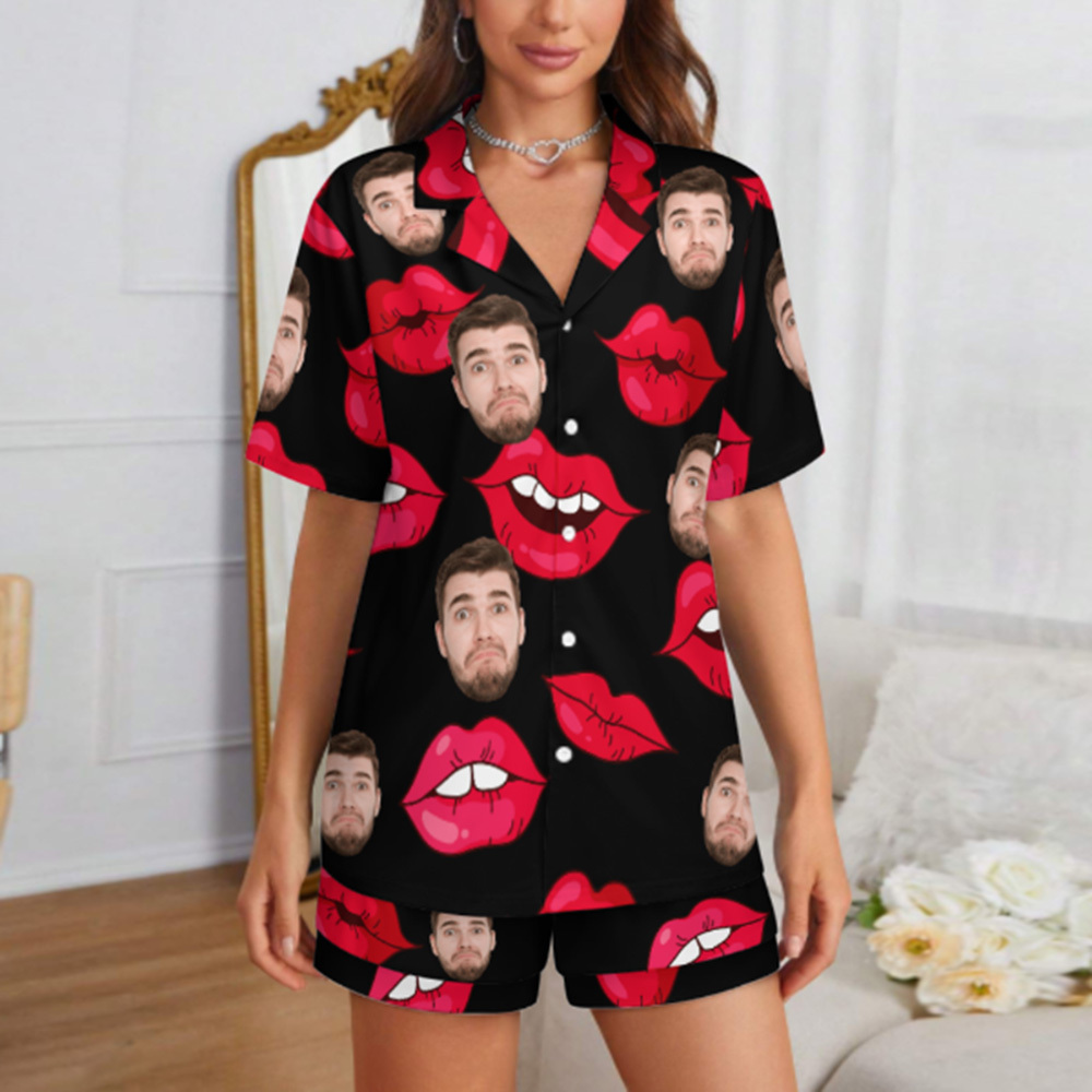 Custom Face Short Sleeve Pajamas Custom Red Lips Photo Pajamas Suit