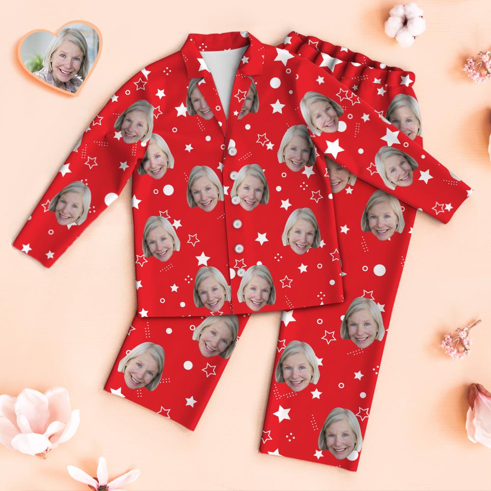 Custom Face Pajamas White Stars Personalized Photo Red Pajamas Set Mother's Day Gifts	 - MyFaceBoxerUK