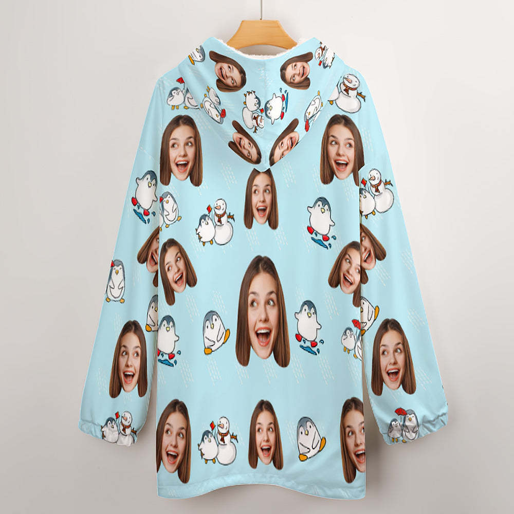Custom Face Adult Blanket Hoodie Personalized Blanket Pajama Gift for Women Penguin - MyFaceBoxerUK