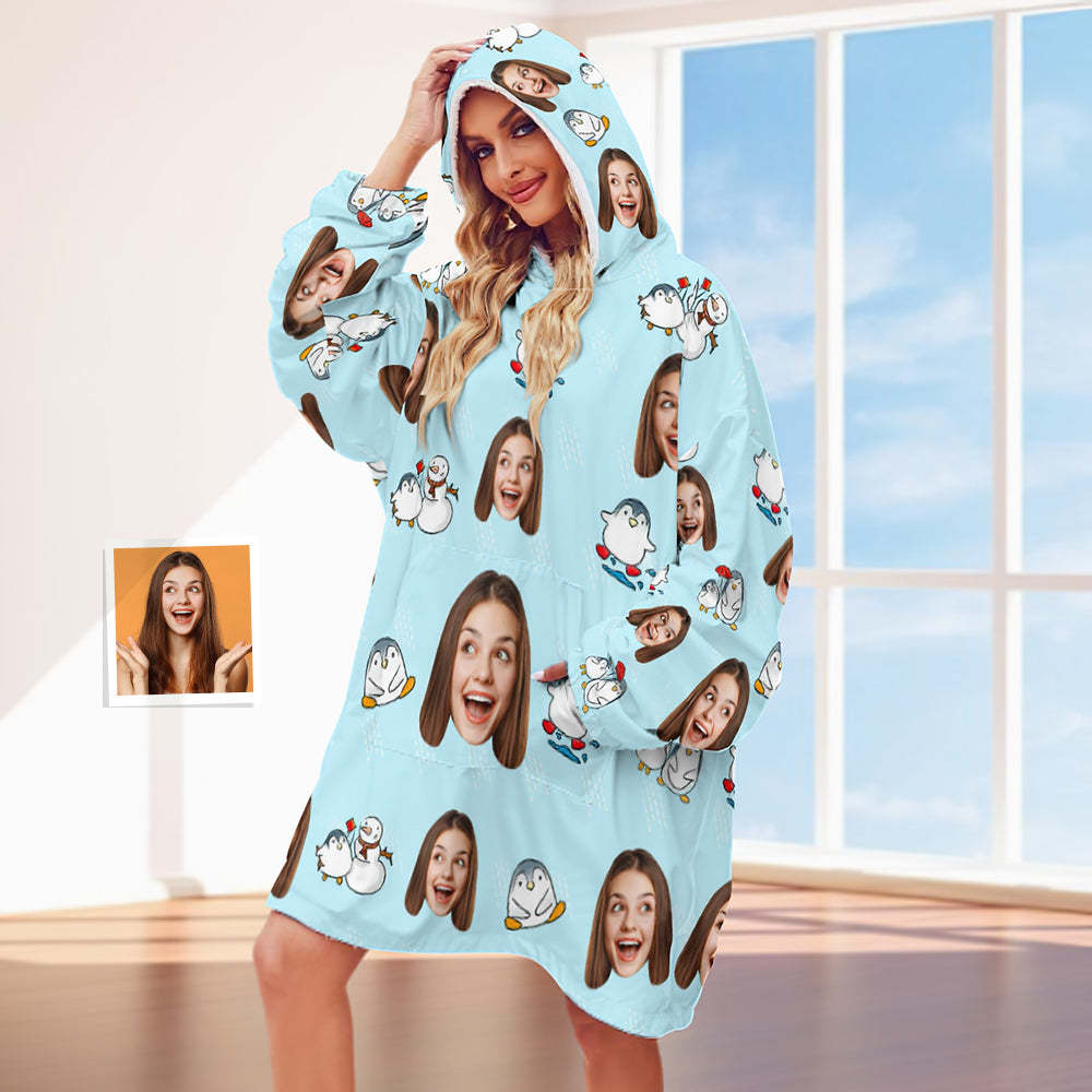 Custom Face Adult Blanket Hoodie Personalized Blanket Pajama Gift for Women Penguin - MyFaceBoxerUK