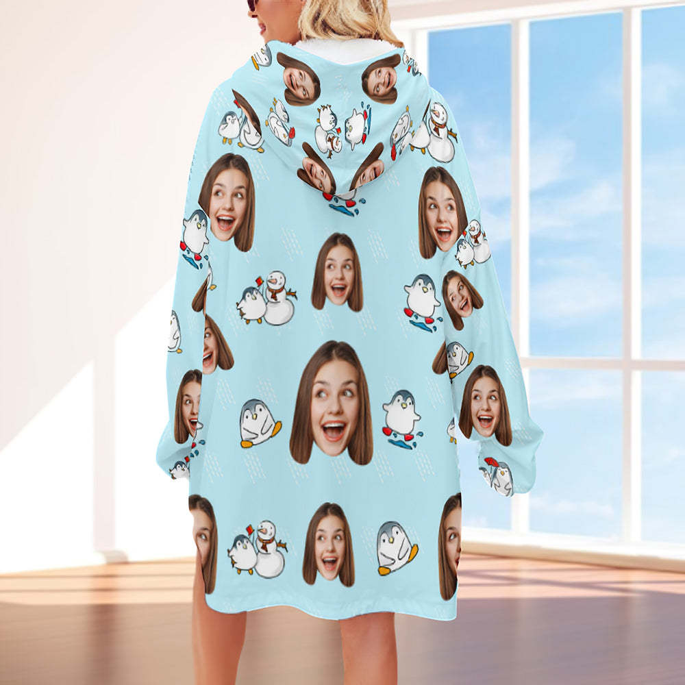 Custom Face Adult Blanket Hoodie Personalized Blanket Pajama Gift for Women Penguin - MyFaceBoxerUK