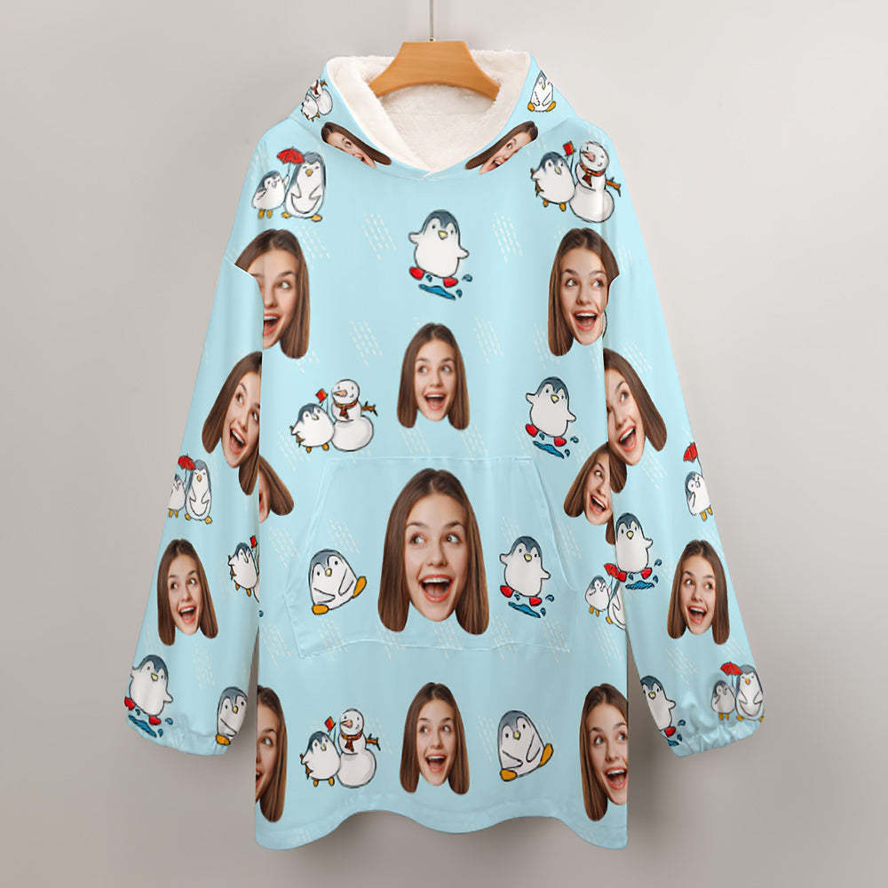 Custom Face Adult Blanket Hoodie Personalized Blanket Pajama Gift for Women Penguin - MyFaceBoxerUK