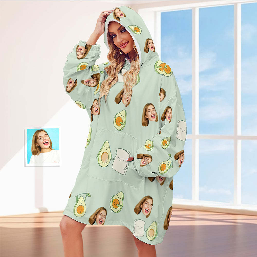 Custom Face Adult Blanket Hoodie Personalized Blanket Pajama Gift for Women Avocado - MyFaceBoxerUK