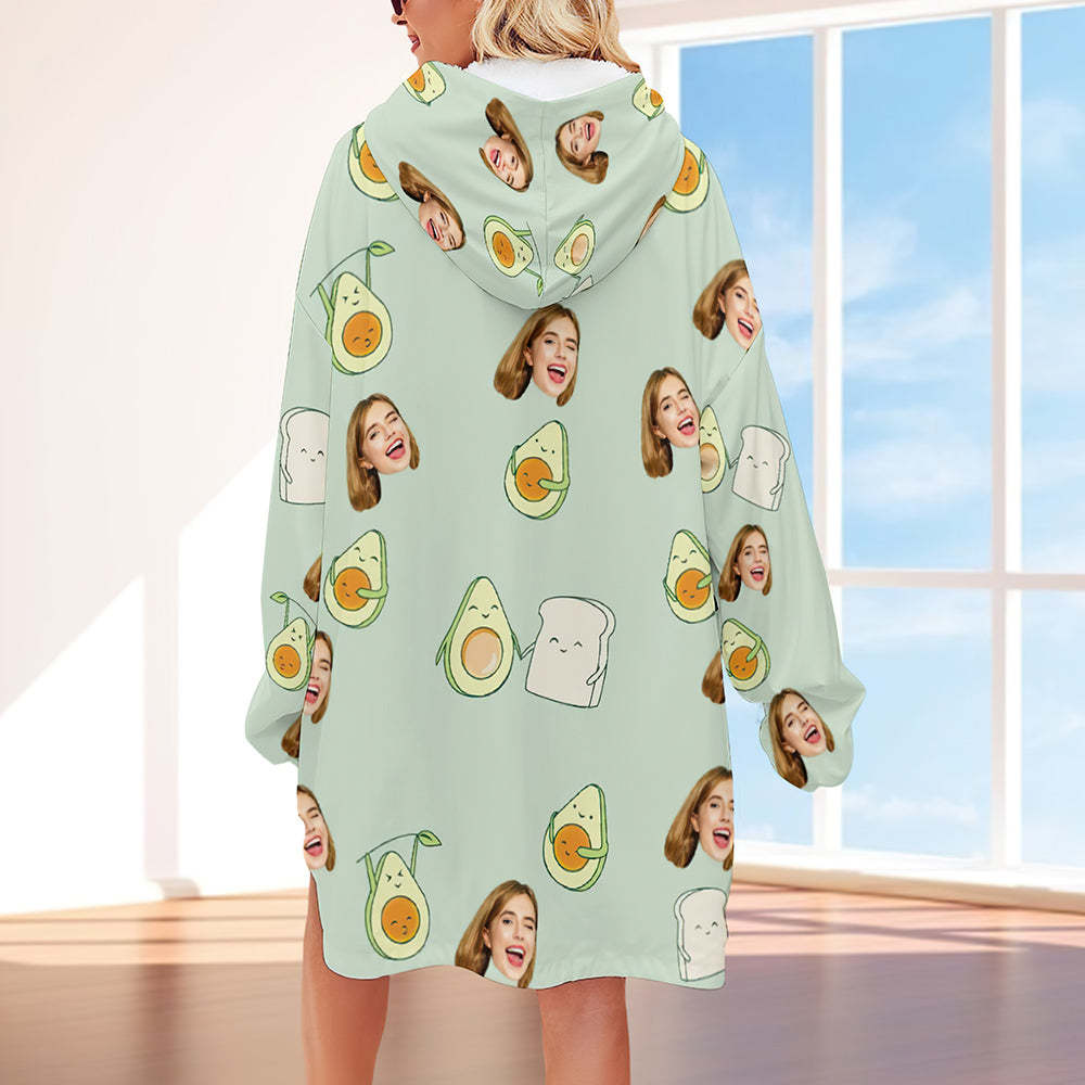 Custom Face Adult Blanket Hoodie Personalized Blanket Pajama Gift for Women Avocado - MyFaceBoxerUK