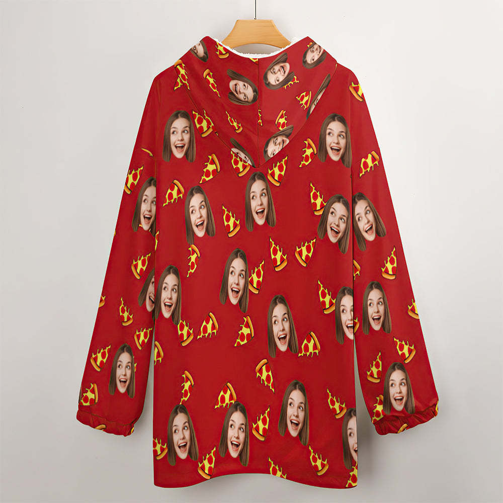 Custom Face Adult Blanket Hoodie Personalized Blanket Pajama Gift for Women Pizza - MyFaceBoxerUK