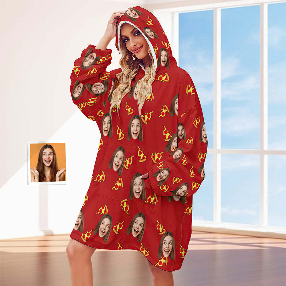 Custom Face Adult Blanket Hoodie Personalized Blanket Pajama Gift for Women Pizza - MyFaceBoxerUK