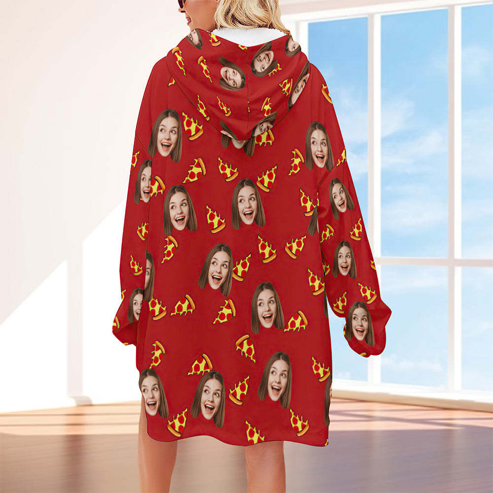 Custom Face Adult Blanket Hoodie Personalized Blanket Pajama Gift for Women Pizza - MyFaceBoxerUK