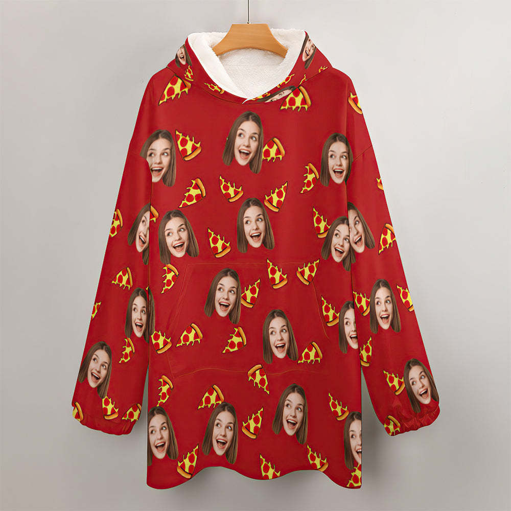 Custom Face Adult Blanket Hoodie Personalized Blanket Pajama Gift for Women Pizza - MyFaceBoxerUK