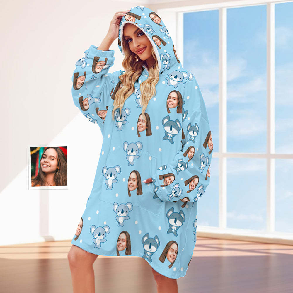 Custom Face Adult Blanket Hoodie Personalized Blanket Pajama Gift for Women Koala - MyFaceBoxerUK