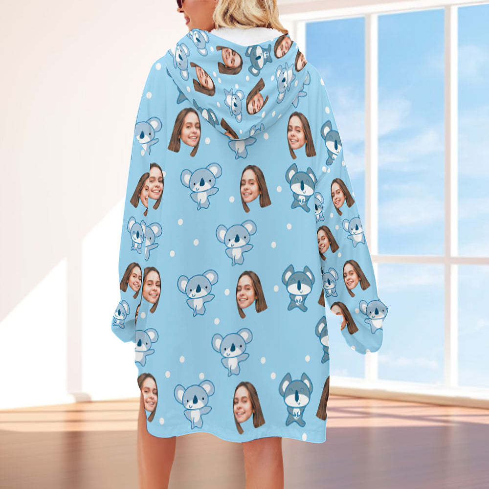 Custom Face Adult Blanket Hoodie Personalized Blanket Pajama Gift for Women Koala - MyFaceBoxerUK
