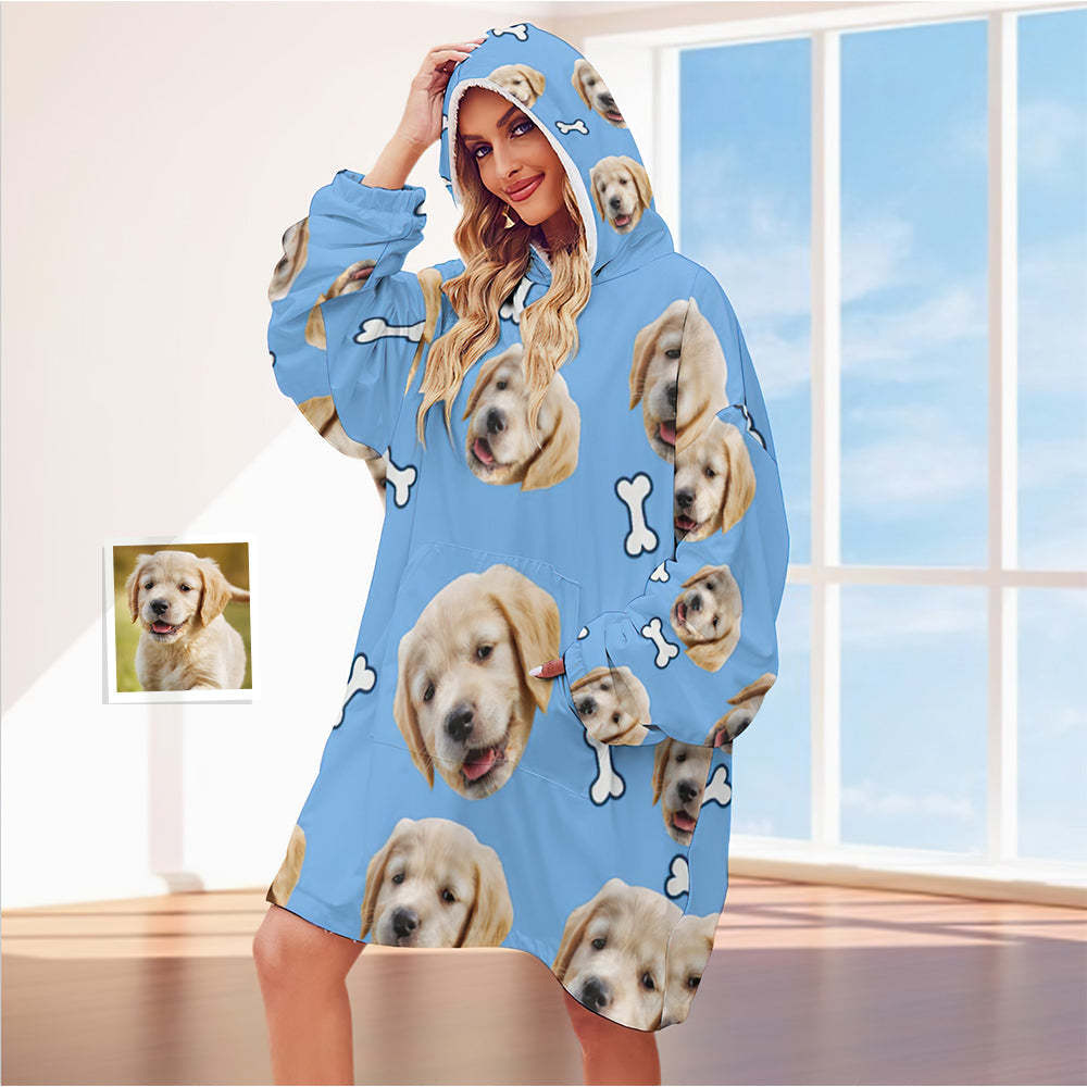 Custom Face Adult Blanket Hoodie Personalized Blanket Pajama Gift for Women Pet Dog - MyFaceBoxerUK