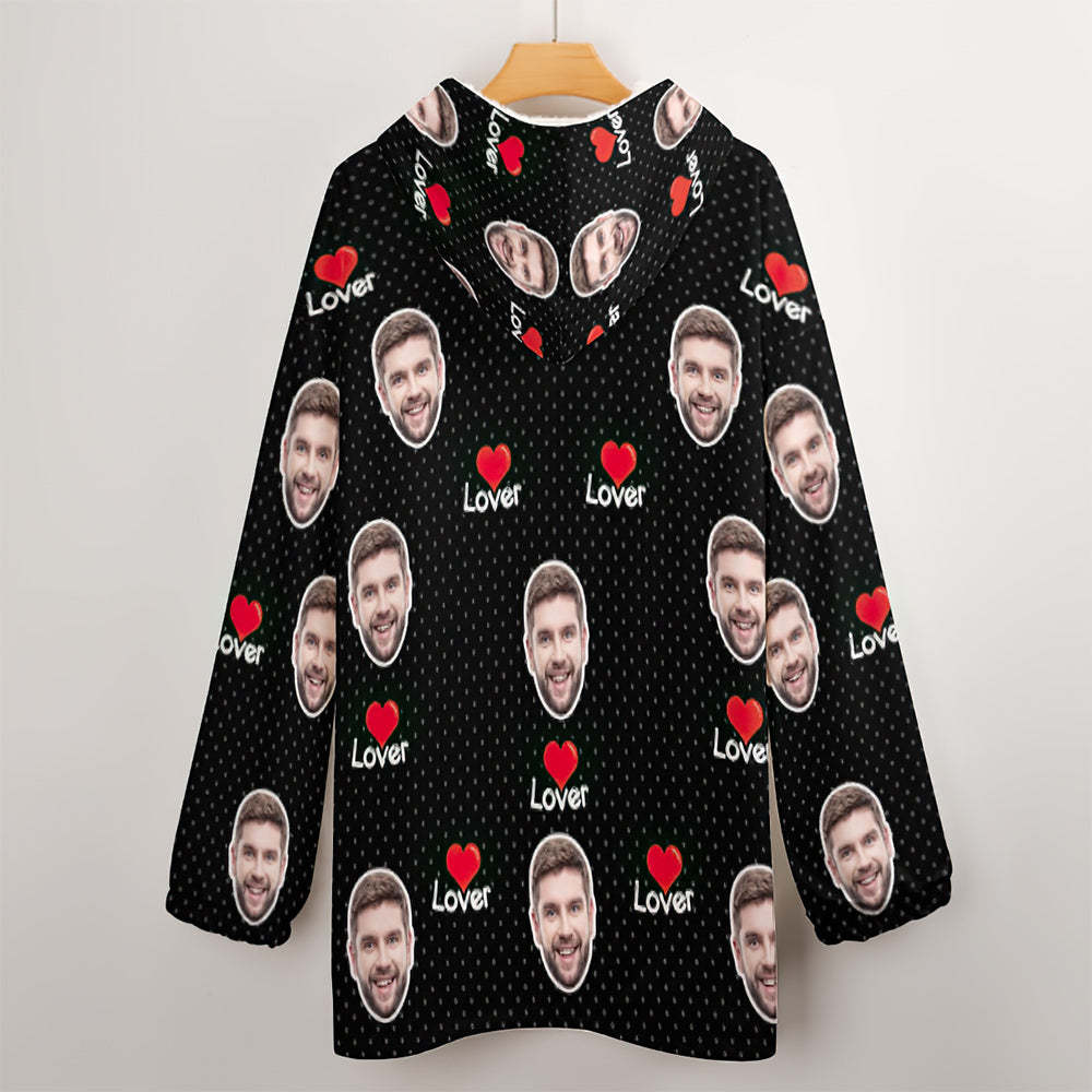 Custom Face Adult Unisex Blanket Hoodie Personalized Blanket Pajama Gift Red Heart for Lover - MyFaceBoxerUK