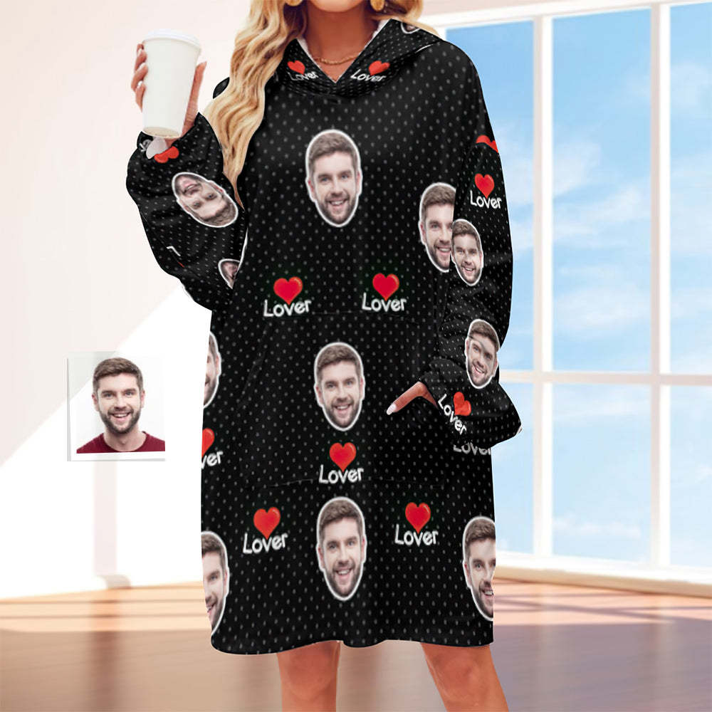Custom Face Adult Unisex Blanket Hoodie Personalized Blanket Pajama Gift Red Heart for Lover - MyFaceBoxerUK