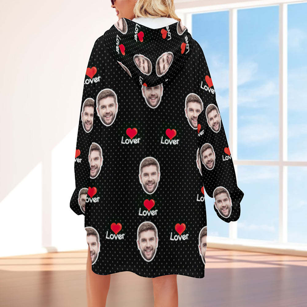 Custom Face Adult Unisex Blanket Hoodie Personalized Blanket Pajama Gift Red Heart for Lover - MyFaceBoxerUK