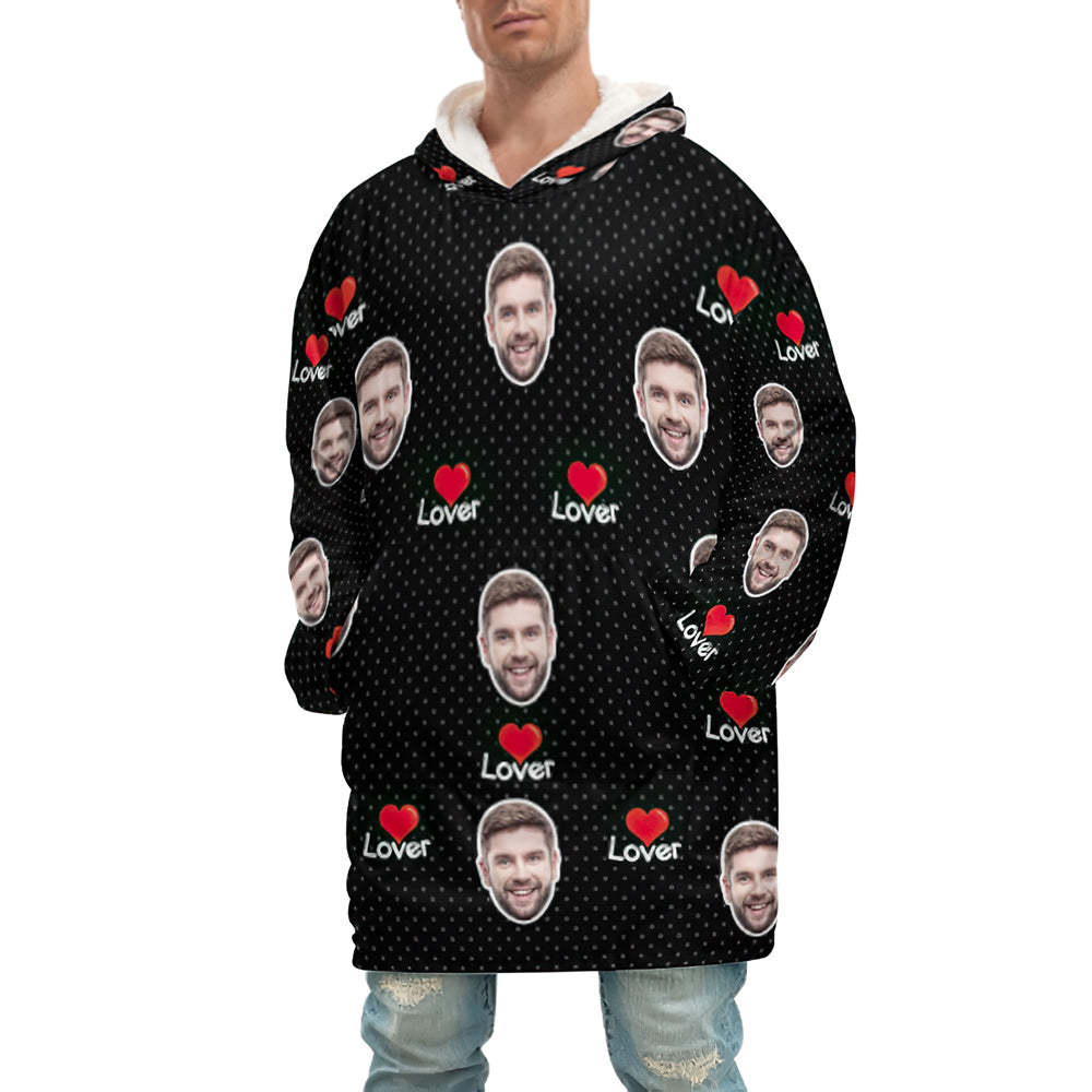 Custom Face Adult Unisex Blanket Hoodie Personalized Blanket Pajama Gift Red Heart for Lover - MyFaceBoxerUK
