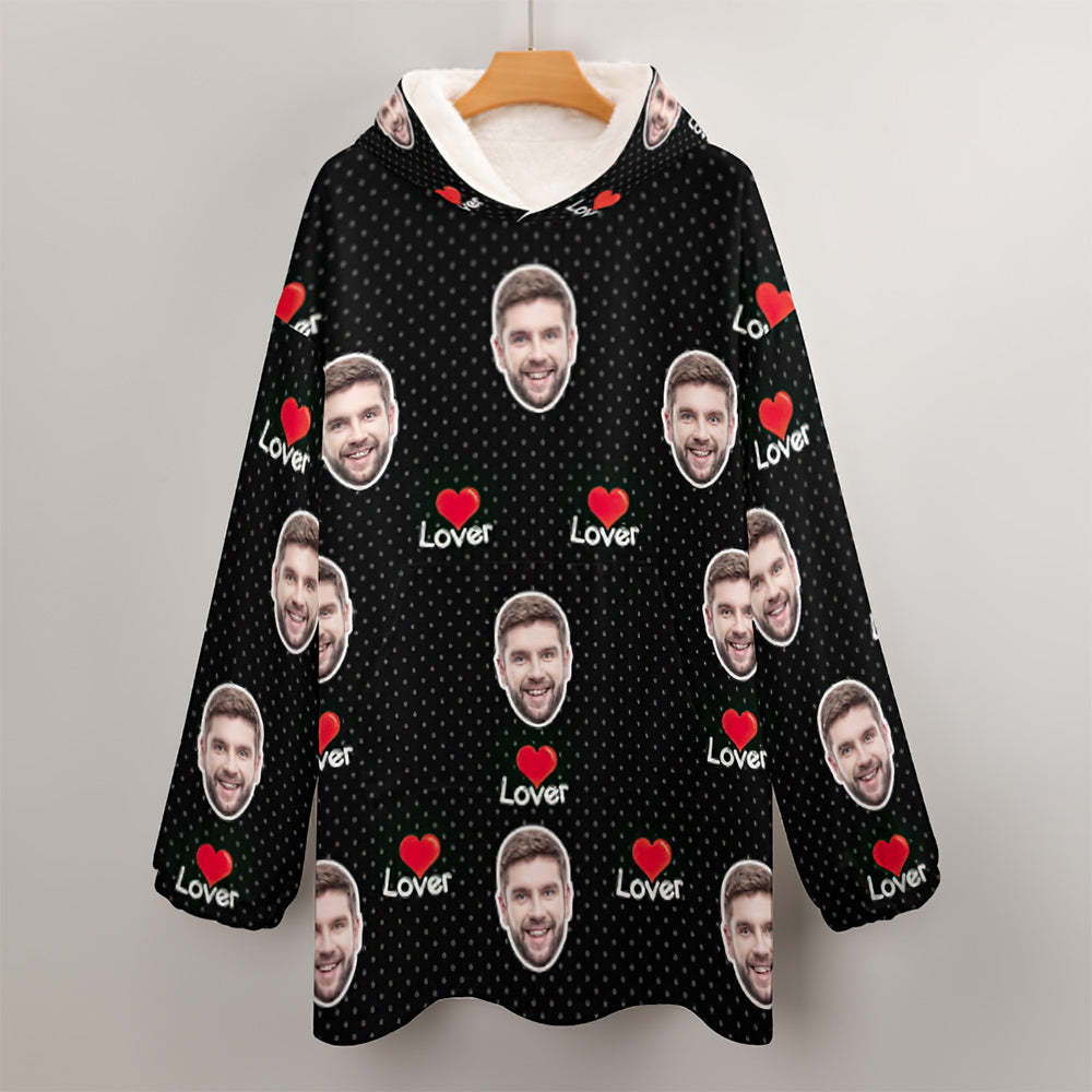 Custom Face Adult Unisex Blanket Hoodie Personalized Blanket Pajama Gift Red Heart for Lover - MyFaceBoxerUK