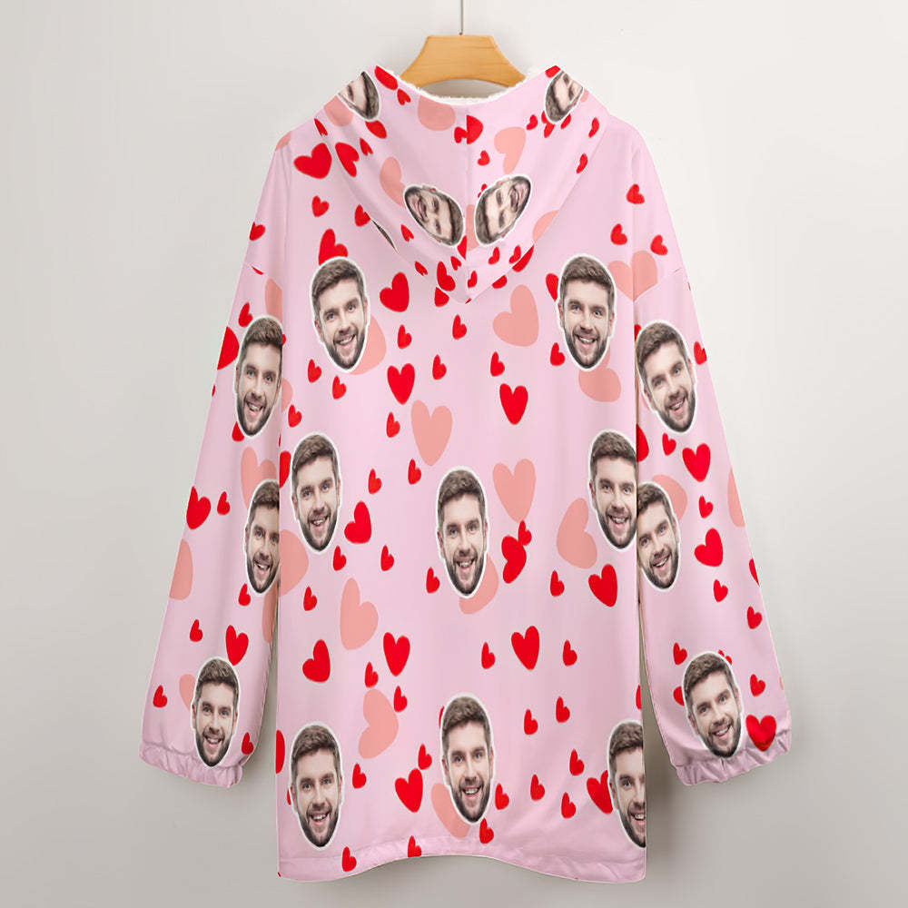 Custom Face Adult Unisex Blanket Hoodie Personalized Blanket Pajama Gift Pink Heart - MyFaceBoxerUK